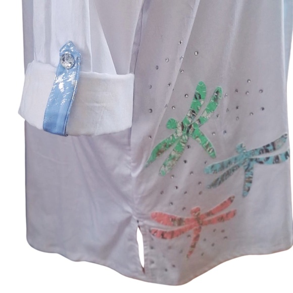 Berek White Whimsical Artsy Tunic Dragonfly Embellished Button Front Shirt Sz L - Picture 5 of 11